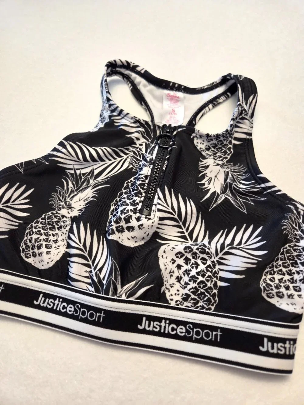 Justice Sport Girls Pineapple Sports Bra Black White Size Small 7/8